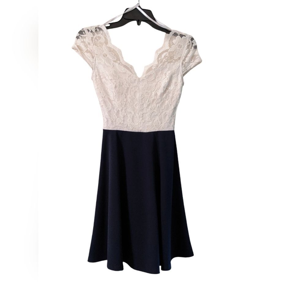 B DARLIN Prom Dance Semi-Formal Midi Dress Navy White Lace Top Size 1/2